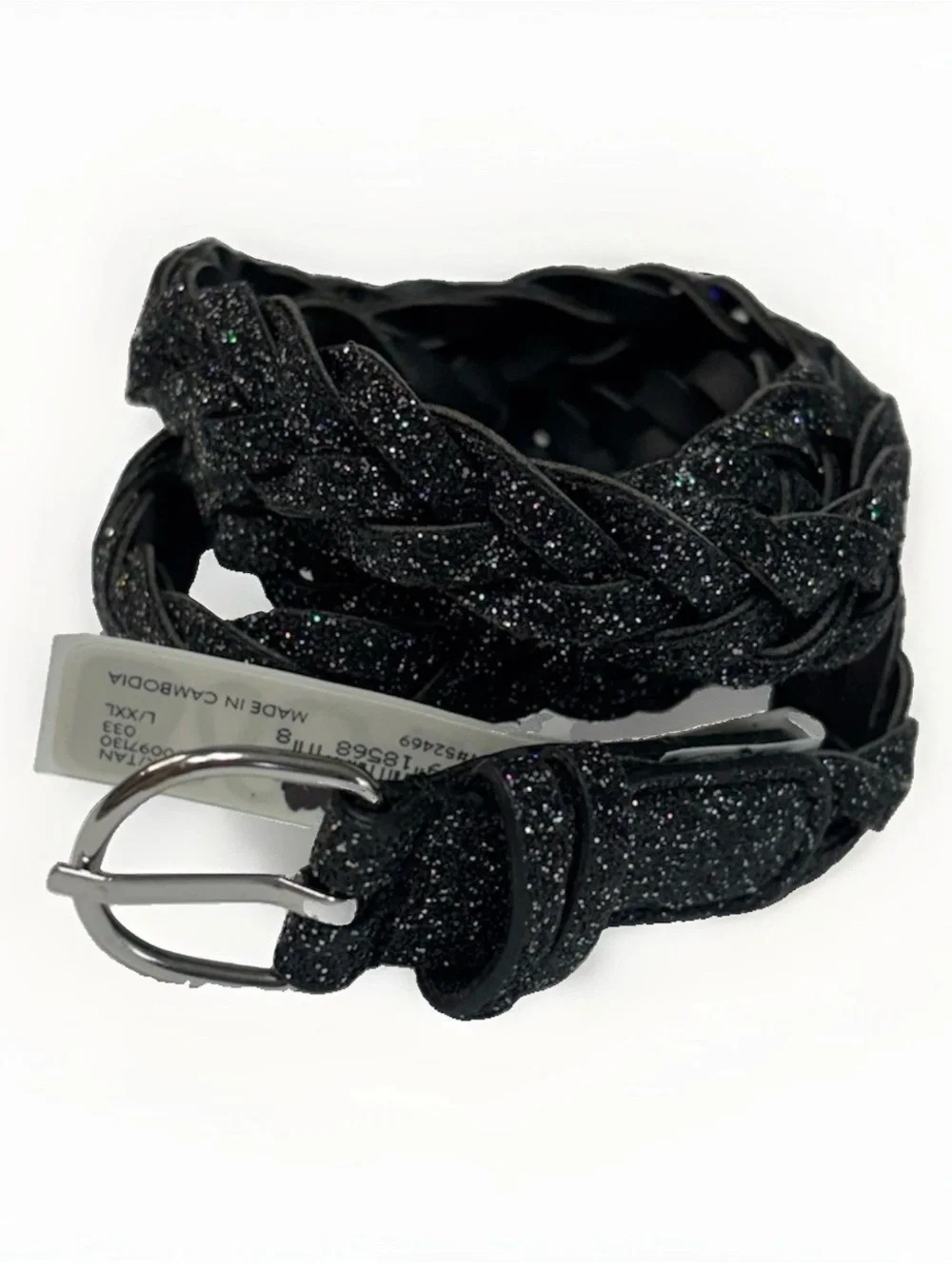 CTM Girls Metallic Braided Belt Black Sparkle Silver Buckle Size L/XXL